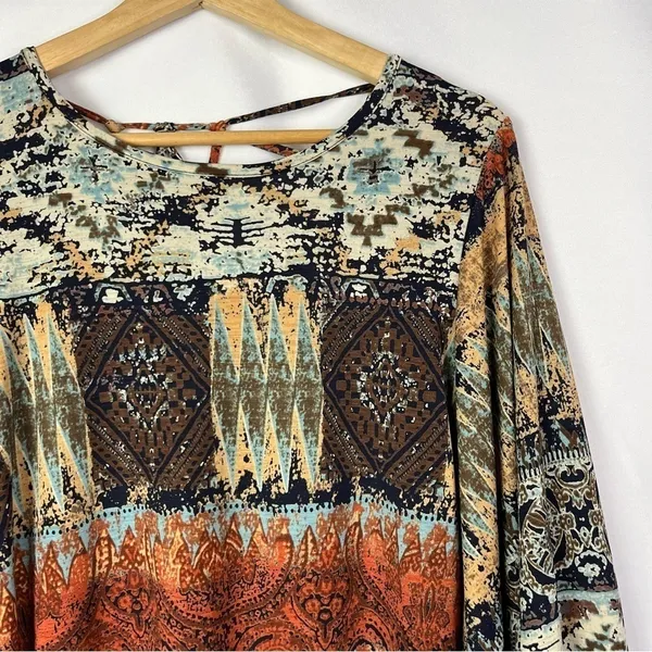 Boutique Now N Forever Brown Boho Printed Long‎ Bell Sleeve Top L - Image 3