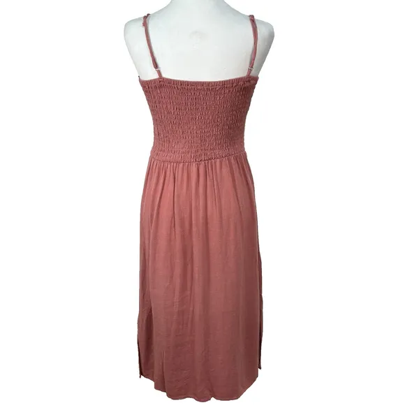 One Clothing Smocked Sundress Womens L Pink Button Up Linen‎ Blend Boho Cottage - Image 3