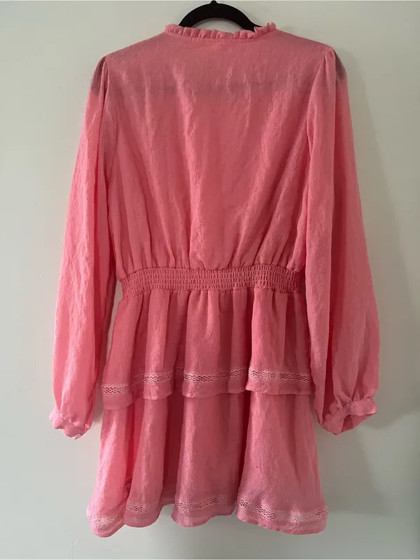 Pink Cotton Peasant Lace Shirt Mini Dress Large Button Up Cottagecore Dainty - Image 6