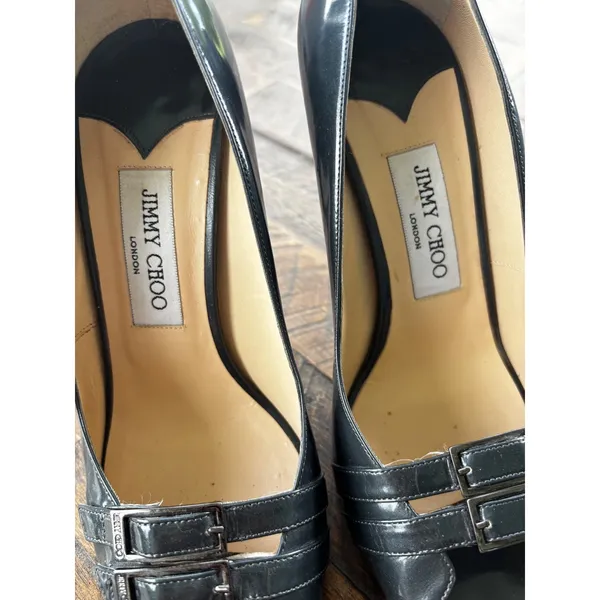 Jimmy Choo Peep Toe Pumps 39.5 Black Patent Leather Double Buckle Stiletto - Image 7