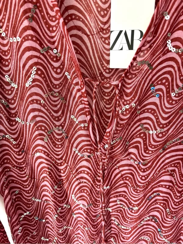 Zara Pink Sequins Beaded Swirl Printed Midi Dress Sheer Deep V Neck Tie Front - Image 7