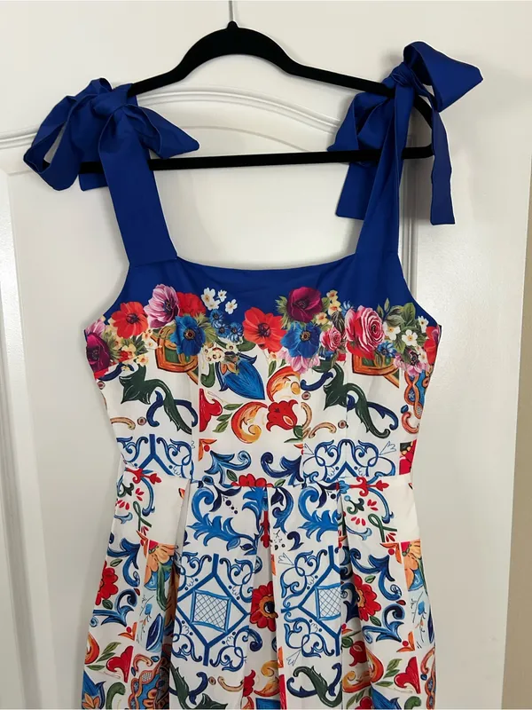 Dalia Macphee Floral Mosaic Tile Print Sleeveless Shoulder Tie Dress Pleat Skirt - Image 4