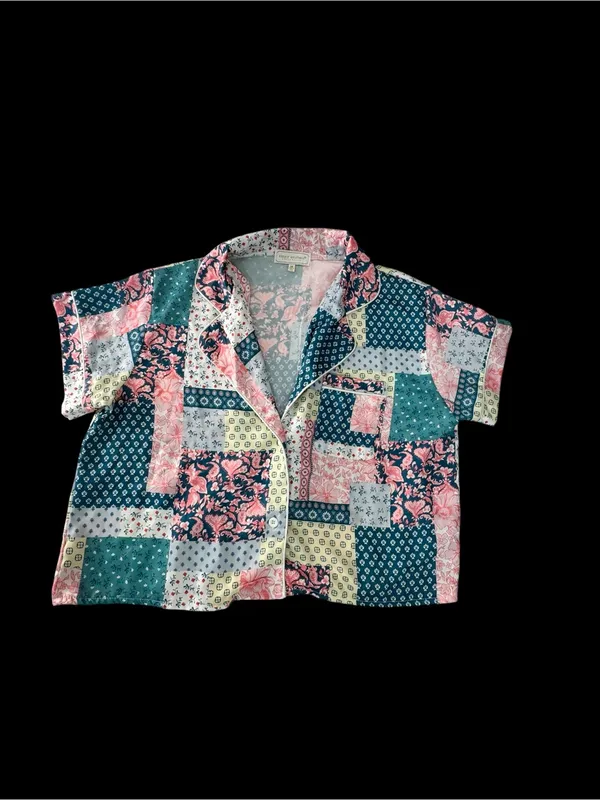 Simply Southern Patchwork Short Pajama Set - Pink, Teal & Cream - Image 2