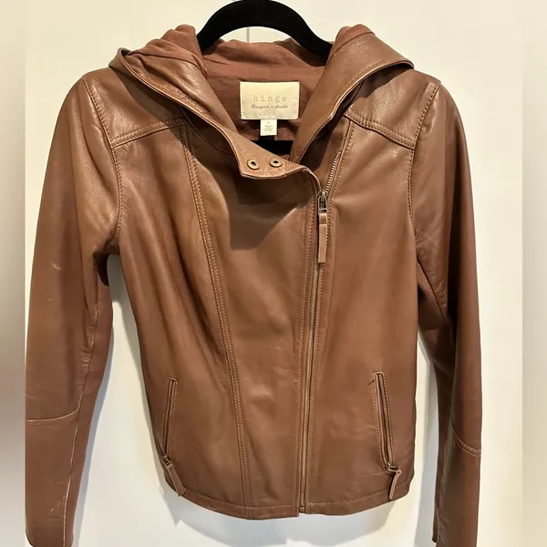 Hinge Hooded Brown Leather Jacket - size small - Image 2