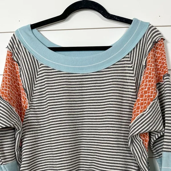 Ces Femme Striped Patchwork Print Long Sleeve Knit Top, EUC, Size Small - Image 2