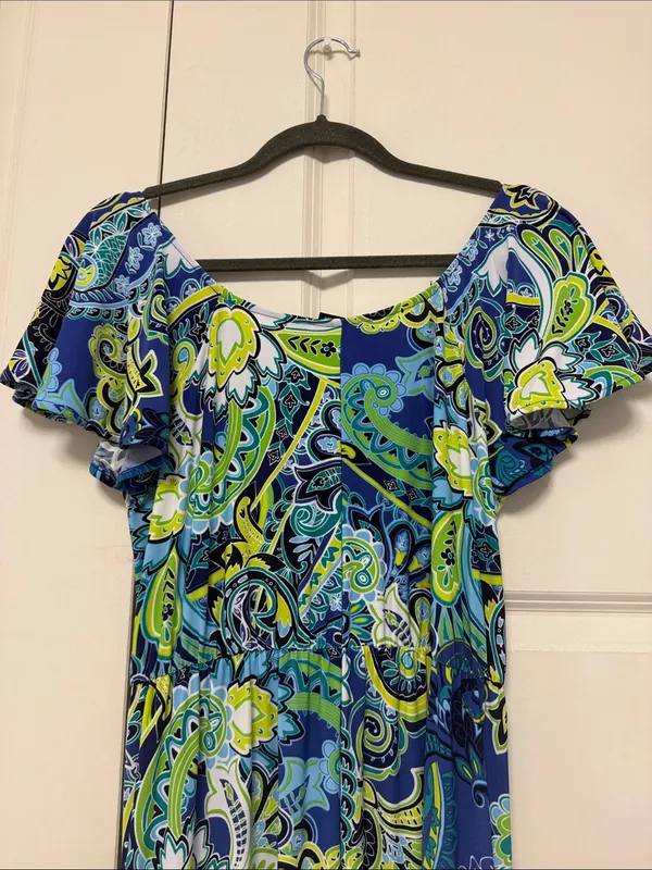 Attitudes by Renee Blue & Green Paisley Off-Shoulder Maxi - Image 8