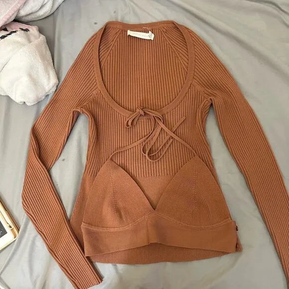 Jonathan Simkhai Jayline Pullover &‎ Bralette Set Ribbed Knit Dawn Size Large Brown - Image 5
