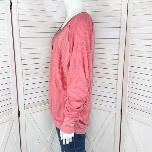 Free People Santa Clara Thermal‎ Oversized Shirt Coral Pink Orange Medium - Image 3