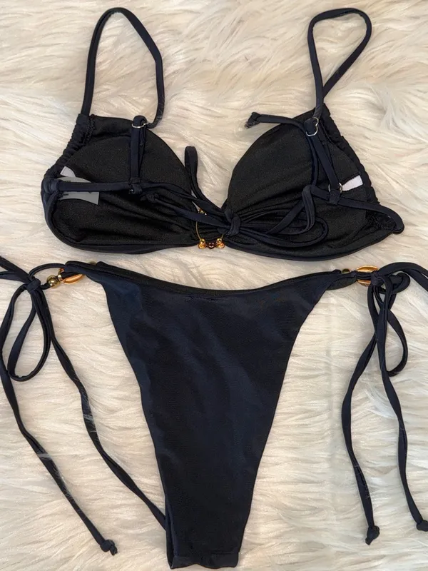 SHEIN Black Bikini w/ Gold Shell Accents Size Small MINIMALIST CLASSIC - Image 8