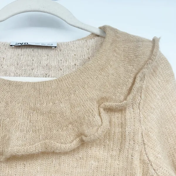 Zara Womens Beige‎ Ruffle Bell Sleeve Romantic Wool Alpaca Blend Knit Sweater L - Image 5