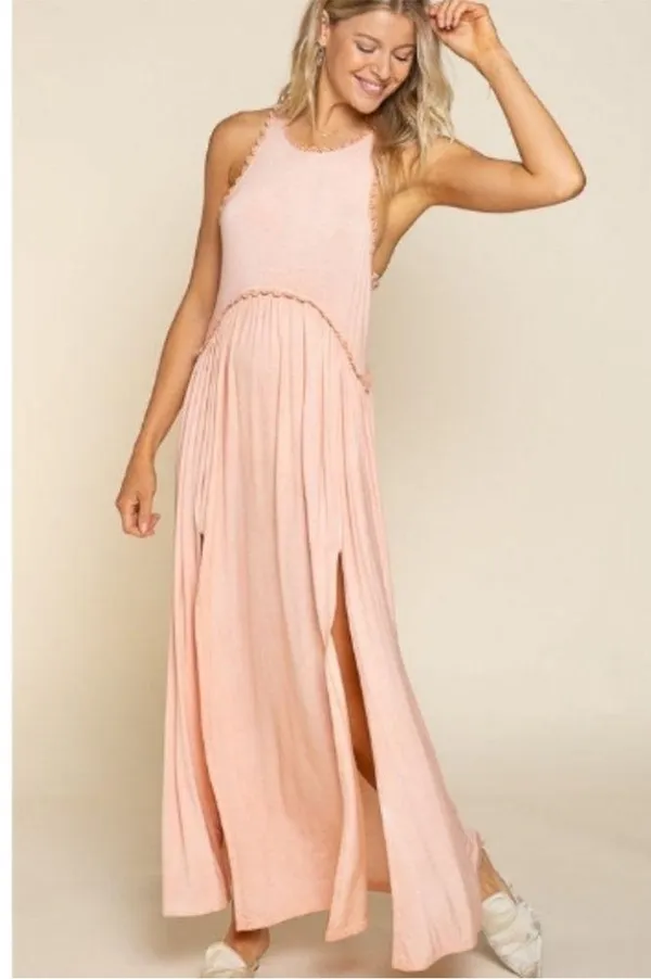 Pol Womens Peach Pink Sleeveless Slits Babydoll Long Maxi Dress M - Image 3