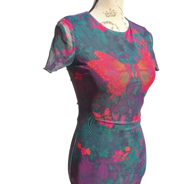 Shein Sheer Lined Butterfly Print Bodycon‎ Dress Short Sleeve Small - Image 3
