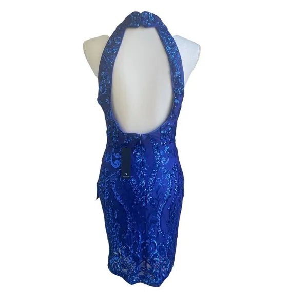 NWT Lulus Glittering Glamour Royal Blue Mock Neck Mini Dress L Bling Sexy Party - Image 5