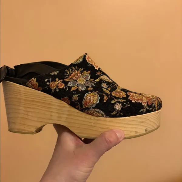 Anthropologie Floral Tapestry Wood Platform Clogs - Image 9