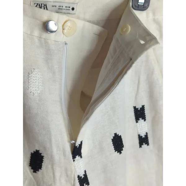Zara White‎ & Green Geometric Embroidered Linen Pants Small Coastal Bohemian - Image 5