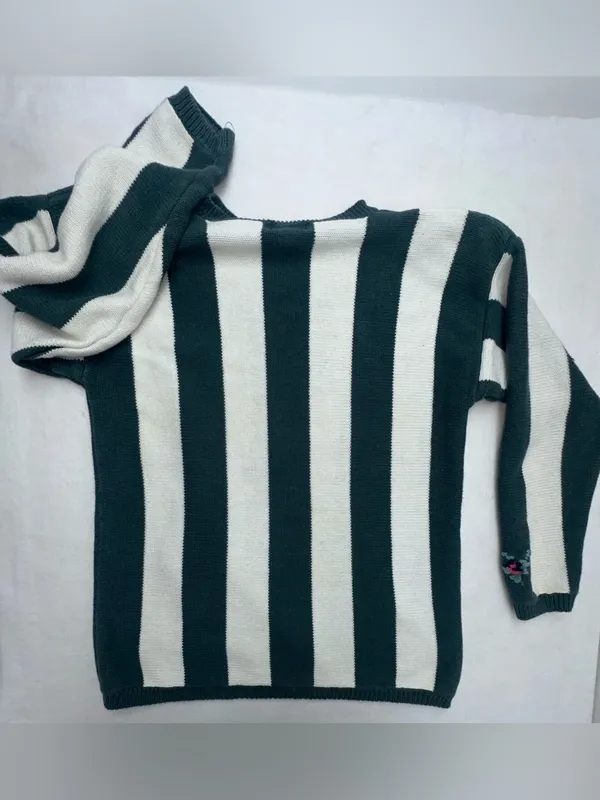 Vintage 90s Paris Sport Club Floral Striped Knit Sweater L Cottagecore Grandma - Image 7
