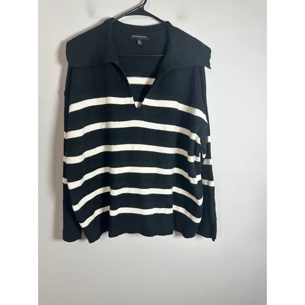 Banana Republic Johnny Collar Striped Sweater‎ Black White XL 768623-01 Womens - Image 3