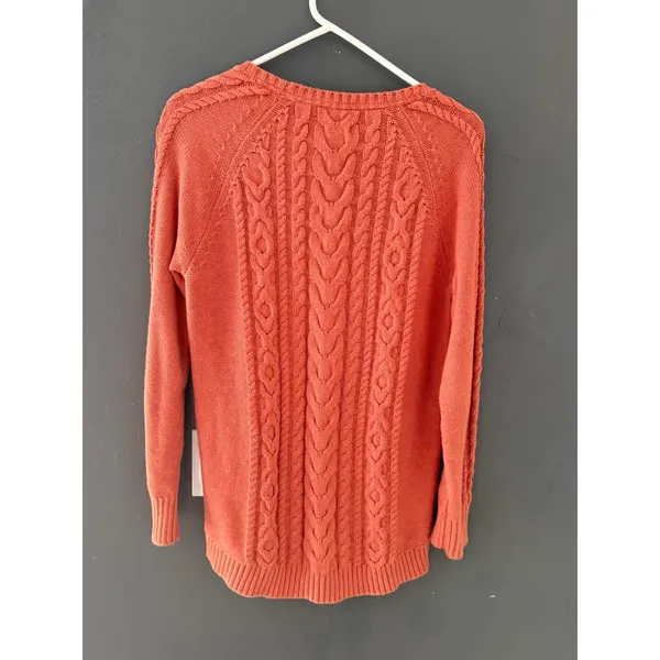 LL Bean Womens Medium Coral Orange Cable Knit 100% Cotton Sweater Fisherman - Image 5