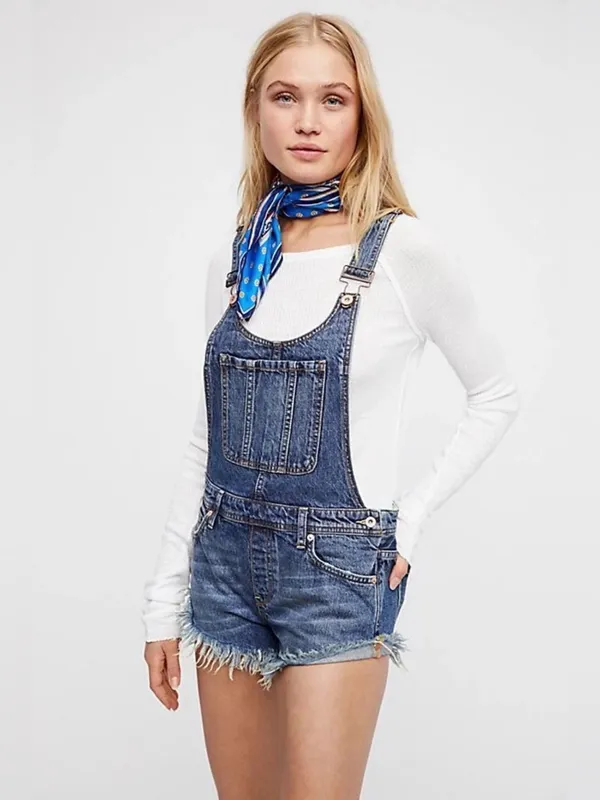 We The Free Free People Denim Shortalls Frayed Hem 100% Cotton Size 29 - Image 4