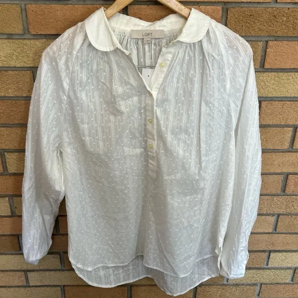 NWT LOFT Clip Dot Henley Peter Pan Collar Shirt Blouse White Size Medium - Image 3