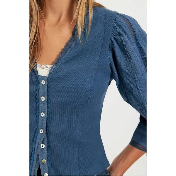 Free People Dainty Ethereal Cottage Victorian Lace Blouse Dusty Blue Large NWT - Image 3