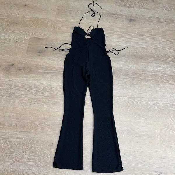 White Fox Lace Jumpsuit Halter & Side Ties Size L Black - Image 5