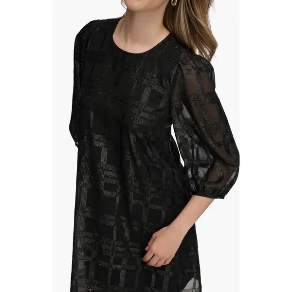 Calvin Klein Metallic Windowpane Trapeze Dress | Black | Size 16 | Sheer Sleeve - Image 3