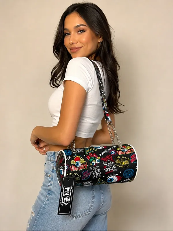 Von Dutch Black Graphic Barrel Crossbody Bag with Multicolor Patches - Image 2