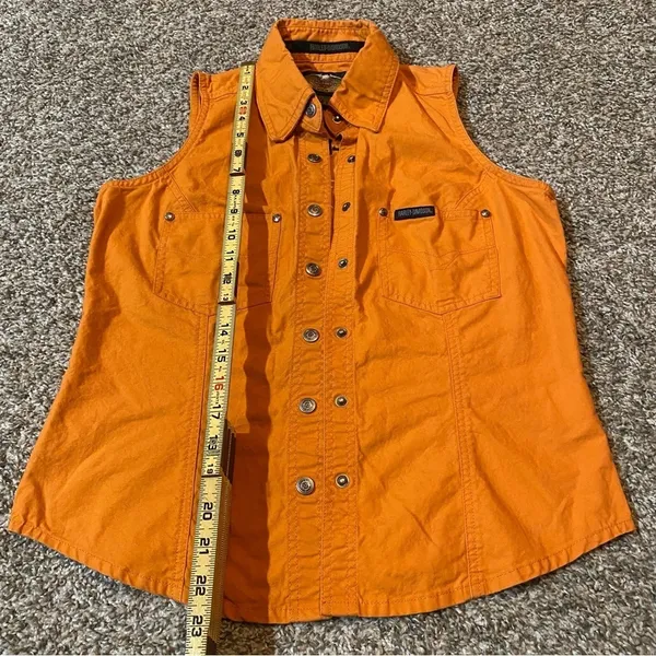 Harley Davidson Moto Sleeveless Orange Button Down Shirt Size Small - Image 9