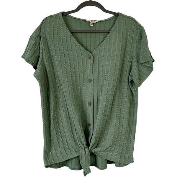 Weatherproof Vintage Ribbed Tie Front Blouse Henley Boho Knit Short Sleeve Top - Image 2