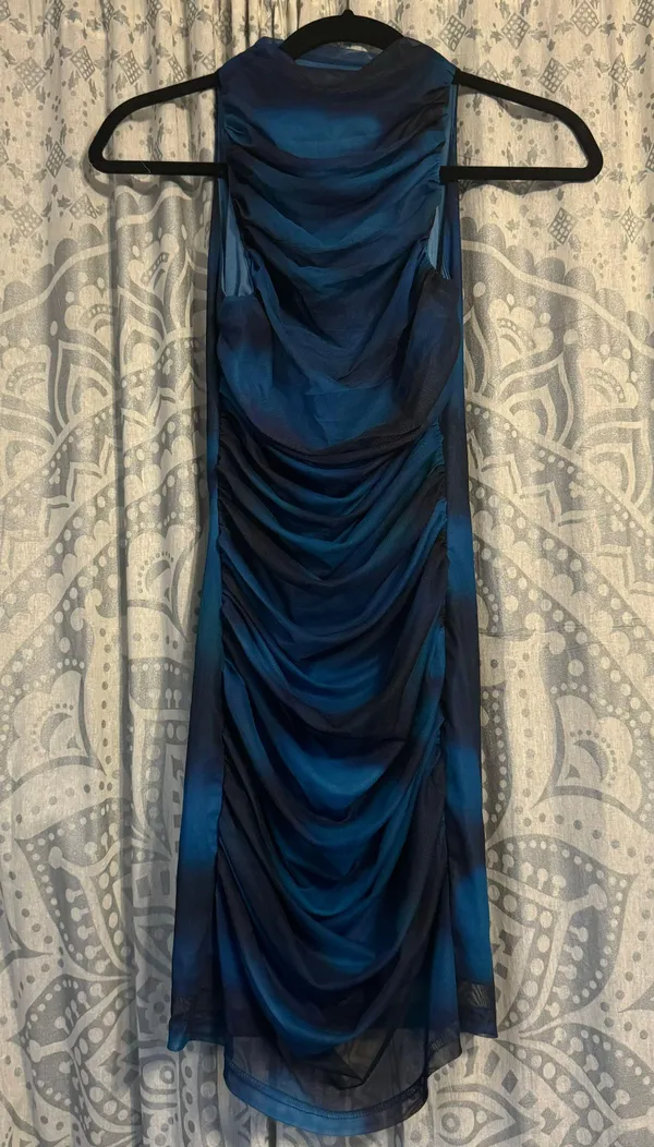 Cider Blue and Black Tie Dye Ruched Mesh Mini Bodycon Dress Size XXS - Image 4