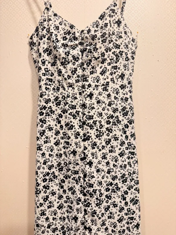 Zara Black White Floral Button Front Spaghetti Strap Midi Slip Dress Size XS - Image 9