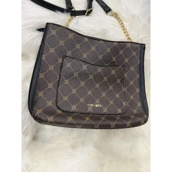Nine West Brown Monogram Crossbody Shoulder Bag Purse Gold Chain Black Logo - Image 5