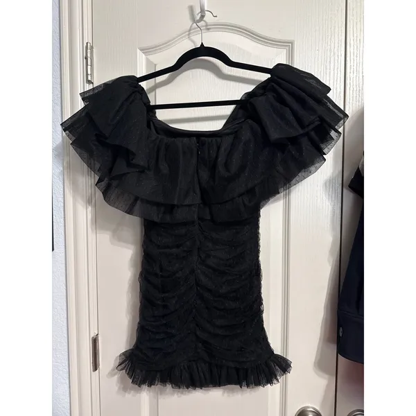 Black Tulle Ruffle Off Shoulder Ruched Mini Dress Coquette‎ Glam Cocktail Party - Image 3