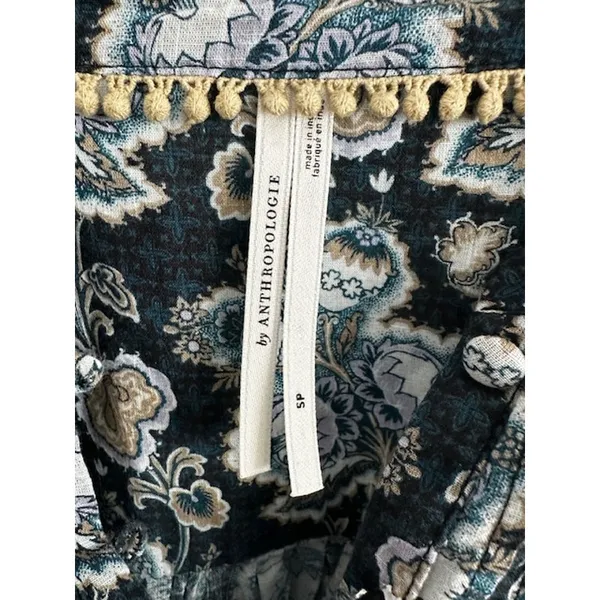 Anthropologie Floral Cotton Peasant Blouse Small Blue/Green - Image 6