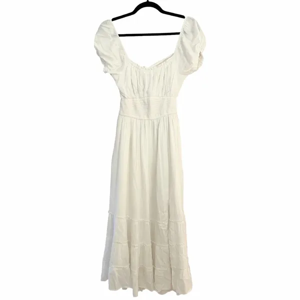 HOLLISTER Maxi Ruffled Puff Short Sleeve White Dress Sz M - Image 3