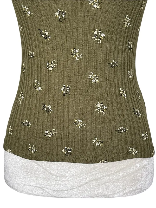 Old Navy Fitted Floral Top Women Size XS Elbow Sleeves Rib Knit Green - Image 3