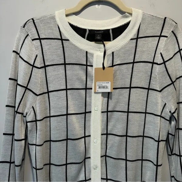 NWT Halogen Contemporary Plaid Checkered Stretch Button Down Cardigan Sweater Md - Image 4