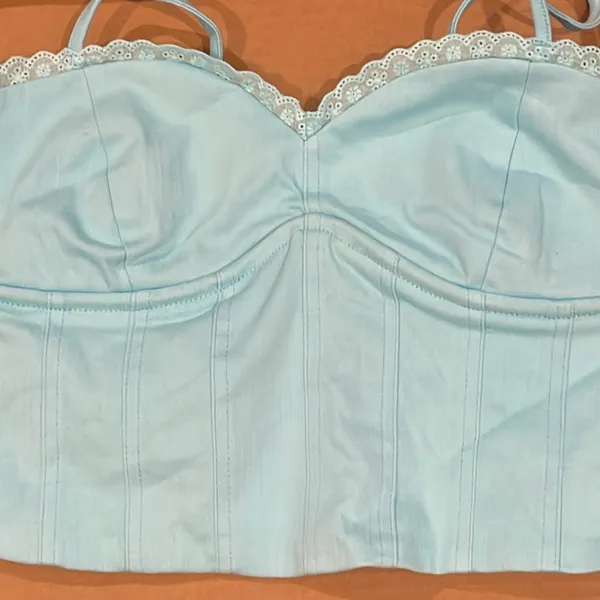 NWT tiger mist tigermist lace trim corset boning detail crop tank top cyan xs - Image 2