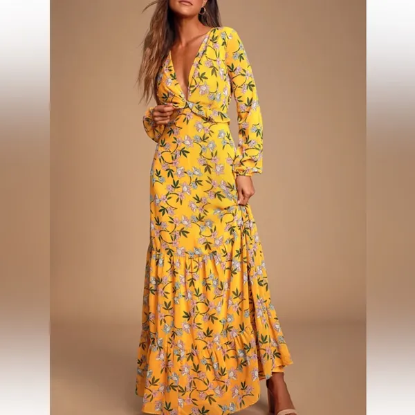 New Lulus Maxi Dress Sz M Thrive Together Yellow Floral Long Sleeves NWT - Image 13