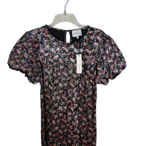 NWT Mable Leighton Floral Velvet Puff Sleeve Midi Dress Navy Size L - Image 4
