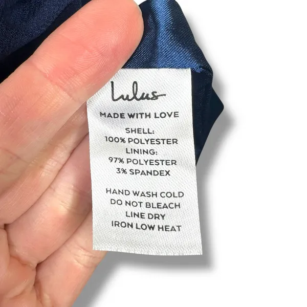NEW Lulus Feeling Elegant Navy Blue Lace-Up Back Slit Chiffon Maxi Dress Medium - Image 11