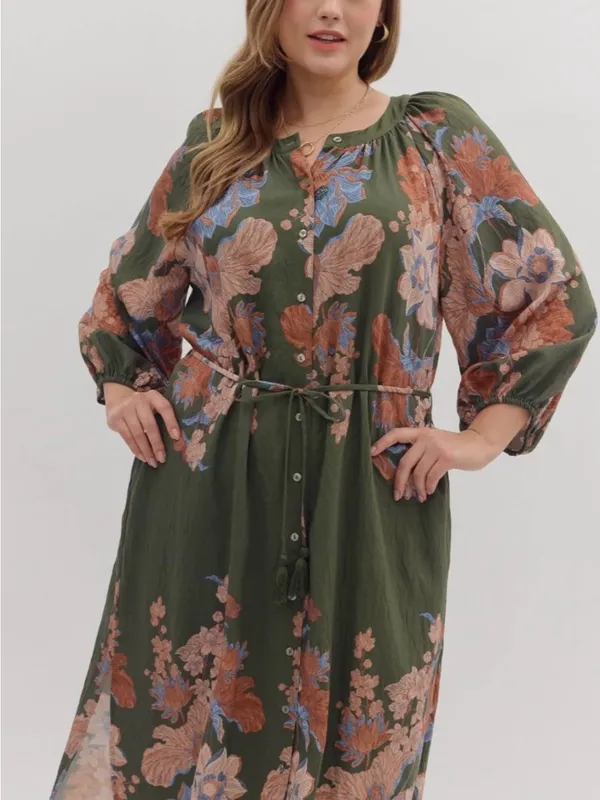 New!Entro Boutique Floral Tie-Waist Midi Dress in Olive Size 2X - Image 6
