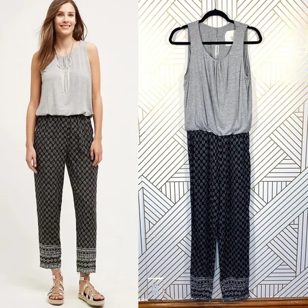 Anthropologie Hei Hei Rhodes Jumpsuit‎ Sleeveless Printed Gray Black Size Small - Image 2
