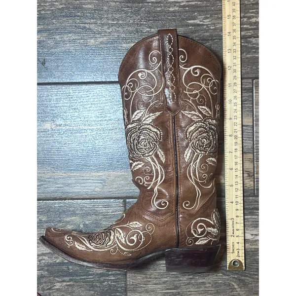 Wildflowers Bluebonnet Size 6 Brown Leather Rose Embroidered Cowboy Boots‎ Rodeo - Image 5