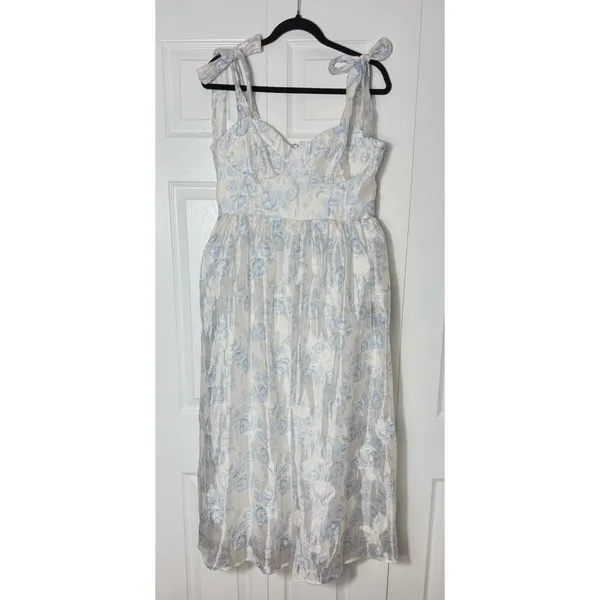 Lulus White Baby Blue Floral Burnout Tie-Strap Sweetheart Midi Dress Size M - Image 5