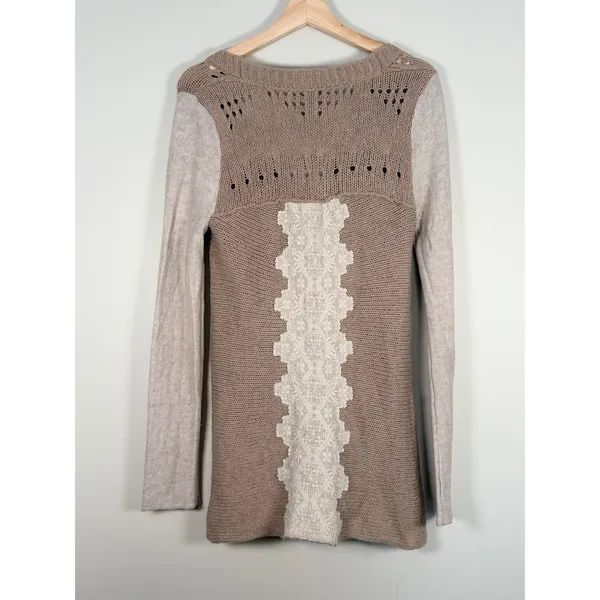 Free People‎ Wool Blend Lace Back Pointelle Cardigan Sweater Taupe Womens Small - Image 2