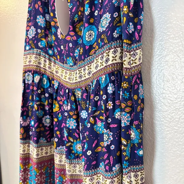 Umgee Size-L Boho Tiered Maxi Dress‎ | Blue Floral Paisley - Image 9