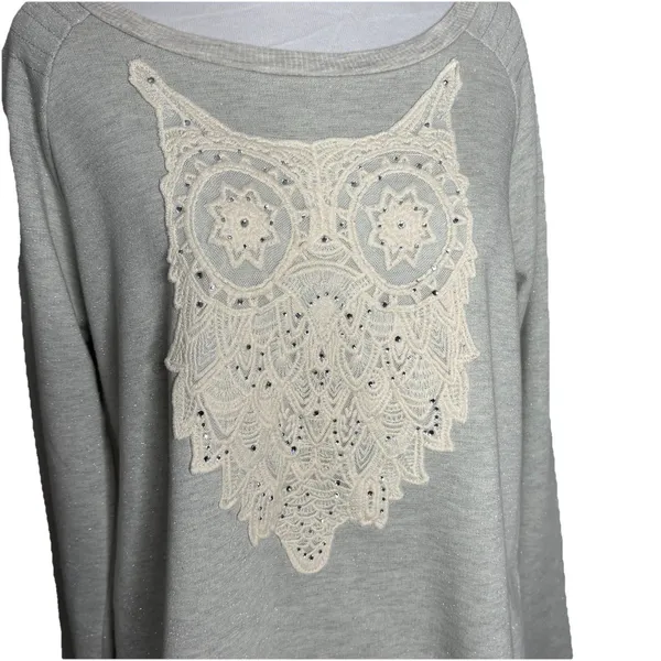 Miss Me Sweater Gray Pullover Long Sleeve Sweat Shirt Owl Knit Womens Large - Image 2