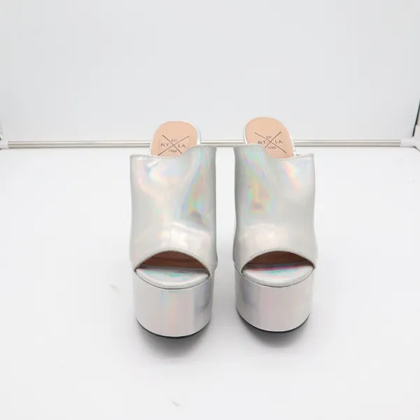 NYLA Silver Holographic Platform Mules Chunky Block Heel Open Toe Size 7 - Image 3